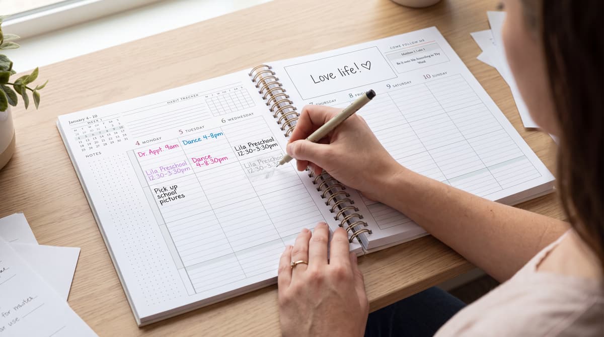 An open weekly spread being written in, with Come Follow Me on the same page as preschool pickup